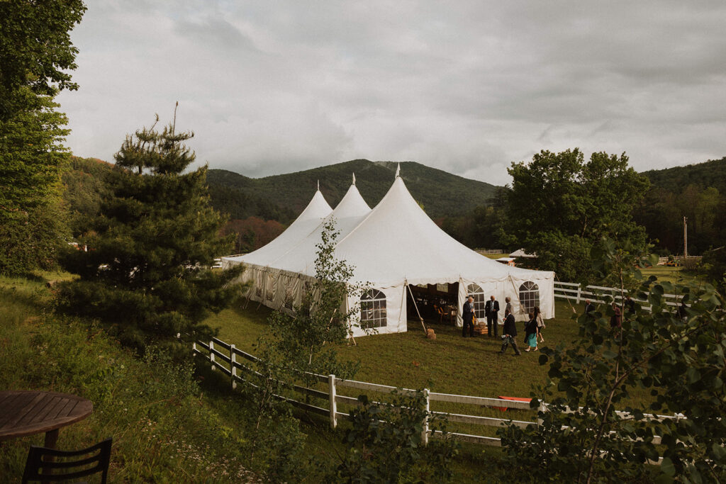 Reception tent among the Green Mountains at OQ Farm in Bridgewater Corners, VT